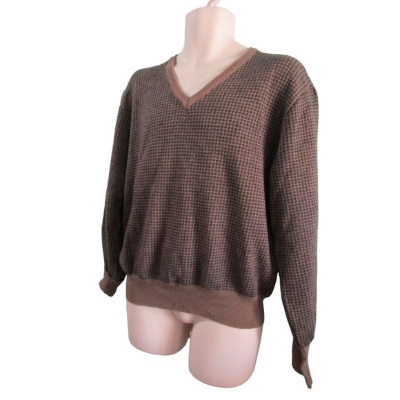 Vintage Nordstrom Black Tan Houndstooth Sweater Merino Wool Mens Lg Italy - Picture 10 of 16